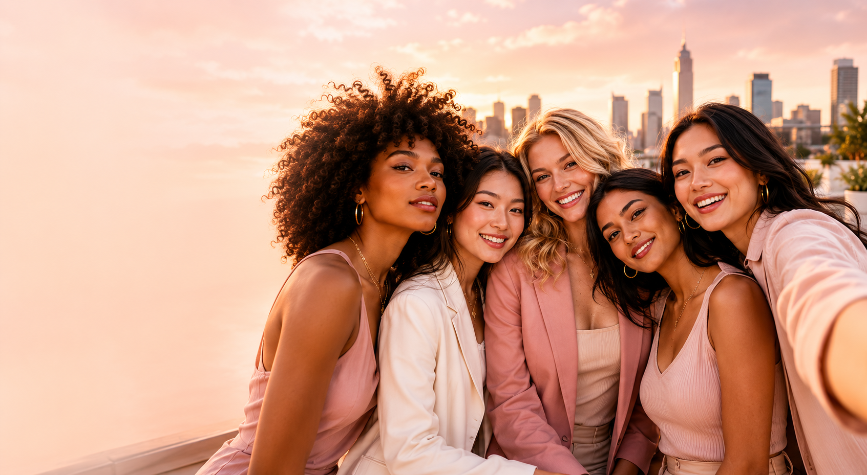 A diverse group of young women together at sunset