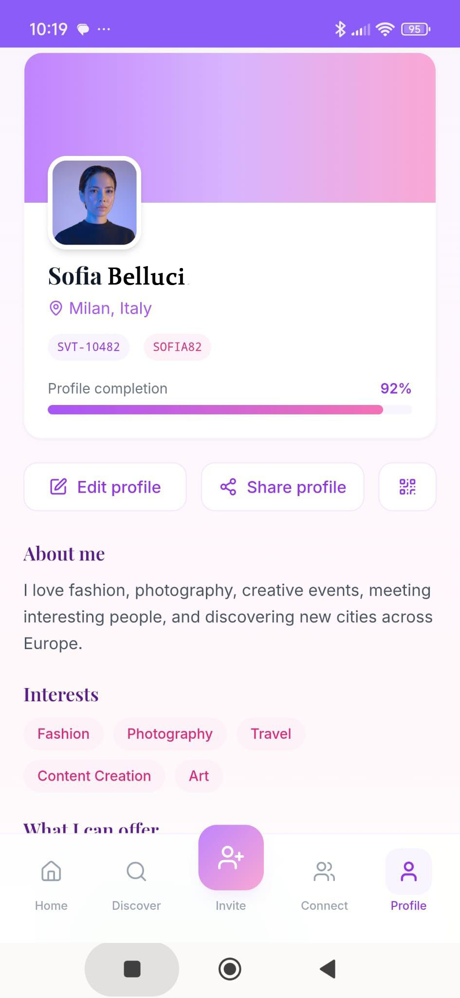 Svetara member profile screen